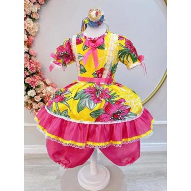 Imagem de Vestido Infantil Junino Arraiá Amarelo com Estampa Colorida e Shortinh