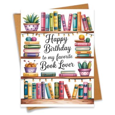 Imagem de PEONYNFOX Cartão de aniversário fofo para leitores ávidos Happy Birthday To My Favorite Book Lover Cartão de felicitações - Tamanho 16 x 12 cm em branco por dentro com envelope Kraft