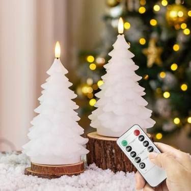 Imagem de AFINETH Velas de árvore de Natal com controle remoto, vela em forma de árvore de Natal de cera real operada a pilhas, velas brancas sem chama de Natal para celebração de ano novo, pacote com 2