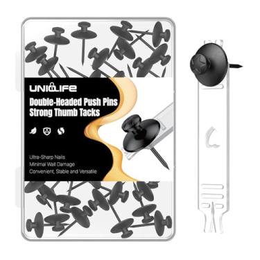 Imagem de Uniclife 30 pinos de pressão para parede, tachas de polegar de cabeça dupla, cabides de imagem, tachinhas de metal, ganchos de parede para pendurar fotos, moldura de foto, tapeçaria e decoração, preto