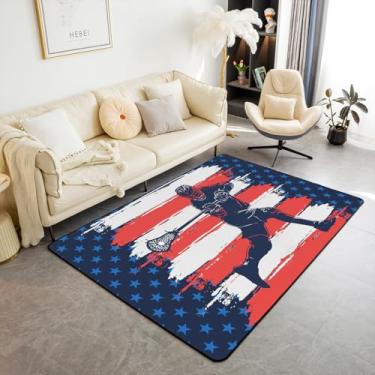 Imagem de Tapetes de lacrosse para sala de estar, quarto, meninos, bandeira americana, tema esportivo, sala de estar, para quarto, crianças, adultos, jogos de lacrosse, tapete decorativo azul marinho