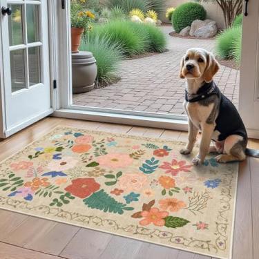 Imagem de Tapetes de área laváveis 2x3 Entrada: Tapete macio ultra fino de pelo baixo lavável à máquina, tapete de entrada leve, tapete antiderrapante para sala de estar, quarto, cozinha, 6 x 7 cm, bege floral