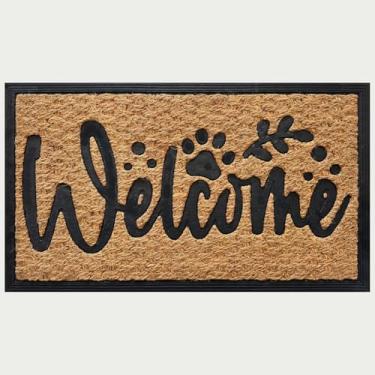 Imagem de JiXianJu Tapete divertido para decoração de varanda frontal para entrada ao ar livre com capacho de coco antiderrapante resistente 76 x 43 cm (pata de cachorro de boas-vindas)
