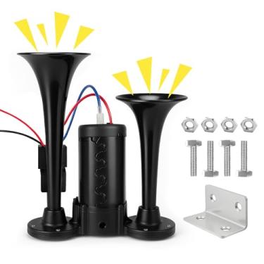 Imagem de Kit de buzina de ar de trompete duplo ultra alto – compressor embutido, alumínio impermeável, 150 dB, opções de 12 V, kit de montagem completo para carro, caminhão, SUV, motocicleta