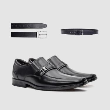 Imagem de Kit Sapato Masculino de Couro Preto Liso Fivela Com Cinto Sofisticação