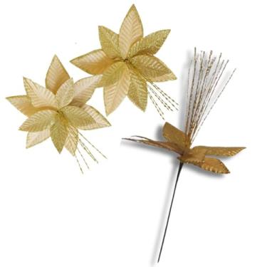 Imagem de Kit com 2 Flores Natalinas Aranjos Dourados com Glitter 30cm | Enfeite Luxuoso para Árvore de Natal, Guirlanda e Decoração Natalina | Poinsettia Brilhante para Decoração De Final de Ano