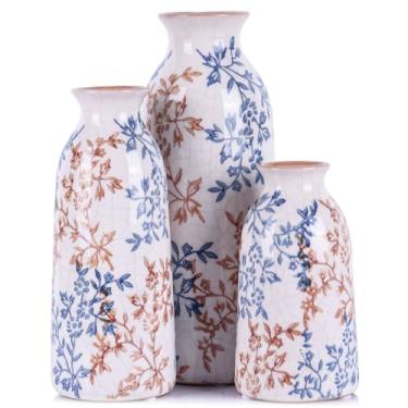 Imagem de Conjunto de 3 vasos redondos vintage azul e branco marrom, vaso floral verde de porcelana chinoiserie, vasos de flores de cerâmica moderna de meados do século para buquê e casa rústica decoração de