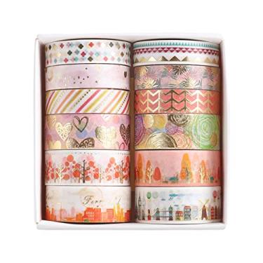 Imagem de Conjunto de adesivos Washi com estampa dourada de flor, céu estrelado colorido, retrô, adesivos decorativos para artes, artesanato, materiais de diário, scrapbook, cartão, embrulho de presente
