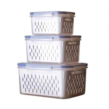 Imagem de Kit 3 Potes Organizadores de Geladeira Hermético com Trava nas Tampas Borracha Isolante e Cesto de Escorrer Removível - Organizador de Alimentos Frutas Legumes Saladas - Sem BPA