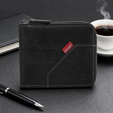 Imagem de Carteira masculina de poliuretano macio, carteira com zíper de grande capacidade com 4 compartimentos para cartões, 2 janelas para identidade, 1 botão, bolsa pequena, 2 bolsos com zíper, 1