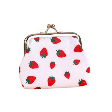 Imagem de Mini porta-moedas com estampa de morango, estilo desenho animado, material de poliéster, leve, forro sem forro, bolso para moedas, lavável na máquina, Branco