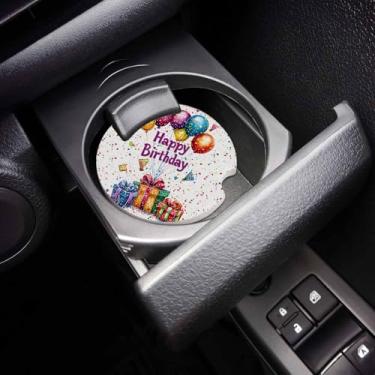 Imagem de Conjunto de 2 porta-copos para carro de feliz aniversário, balão colorido, presente engraçado, absorvente, pedra de cerâmica, copo para bebidas com entalhe de dedo para facilitar a remoção do