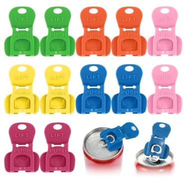 Imagem de Tyqour 12 peças, ferramenta de abridor de lata de refrigerante, abridor de abas fácil e protetor de bebidas, capas coloridas para coca-cola, cerveja, refrigerante, bebidas de alumínio, tampas de latas