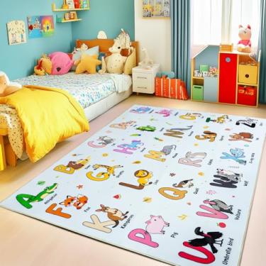 Imagem de Bolacrom Tapetes infantis para sala de jogos, tapete educativo para aprender o alfabeto ABC, macio, lavável na máquina, tapete de animais de desenho animado fofo para sala de aula, berçário, decoração