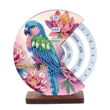 Imagem de AiYuanzsh Calendário de mesa de arte de diamante 3D, enfeite de mesa de madeira DIY com design de papagaio e flor, kit de pintura de diamante brilhante para decoração de mesa e presentes