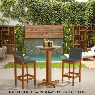 Imagem de Kit 2 Banquetas Alta Luxo Pérola Com Encosto Estofada Em Linho Chumbo Madeira Maciça Castanho