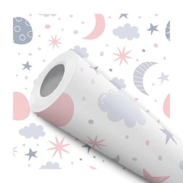 Imagem de Papel De Parede Adesivo Lua Estrelas Nuvens Rosa Cinza Quarto Infantil