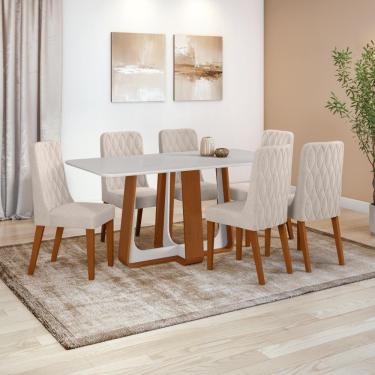 Imagem de Conjunto Sala De Jantar Mesa Easy Pop 170x90cm Tampo Vidro/mdf Com 6 Cadeiras Seat Boucle Bege Frassino/off White