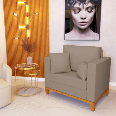 Imagem de Poltrona Beny Decorativa Com 2 Almofadas Veludo Bege Base Em Madeira Maciça