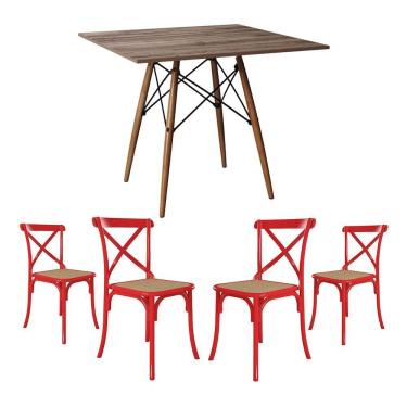 Imagem de Jogo De Mesa Eiffel Quadrado Tampo De Madeira 90Cm Amêndoa Com 4 Cadeiras Katrina Vermelhao B