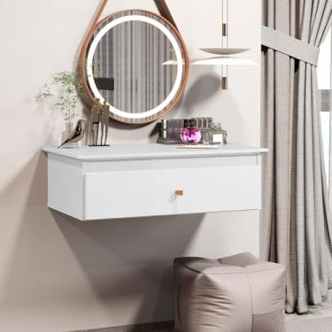 Imagem de Penteadeira Bancada Suspensa Porta Maquiagem Camarim Multiuso Escrivaninha Estudo Notebook de Parede Canto Quarto Closet 1 Gaveta com Puxador Europa (Branco)