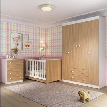 Imagem de Quarto de Bebê Completo com Berço Americano 3 em 1 Encanto Multimóveis Mp4585 Branco/madeirado