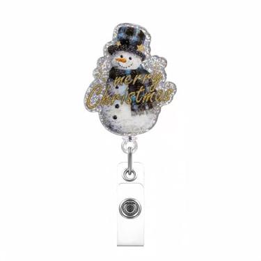 Imagem de Porta-crachá de boneco de neve Feliz Natal com clipe jacaré retrátil fofo boneco de neve decoração de crachá carretéis engraçados de acrílico para enfermeira, médico, trabalhador, escritório
