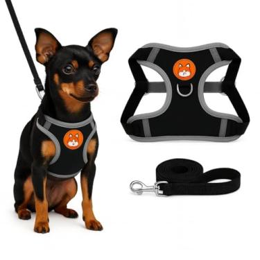 Imagem de Peitoral Refletivo Pet com Ajuste no Peito e Pescoço + Guia Inclusa (Preto, Grande)
