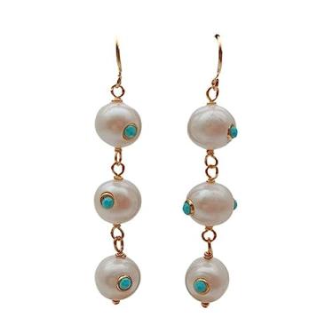 Imagem de Brincos de gancho banhados a ouro banhado a ouro natural cultivados em água doce e pérola turquesa azul turquesa