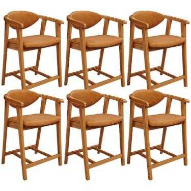 Imagem de Kit 06 Banquetas Baixa Para Cozinha Sala Jantar Bancada Cecília L02 Couríssimo Canela - Lyam Decor