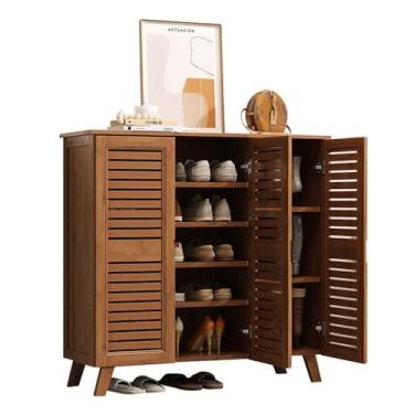 Imagem de Armário de sapatos com gaveta e portas, armário de armazenamento de sapatos de bambu de grande capacidade, unidade de armazenamento de sapatos de entrada para 12 a 20 pares, armário com economia de