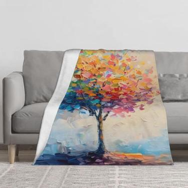 Imagem de Cobertor macio e leve, aconchegante, quente, árvore, pintura colorida, cobertores, decoração de casa, presentes de festival para mulheres e homens, cobertor de flanela felpudo para cama, sofá