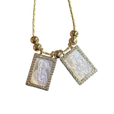 Imagem de Colar Com Pingente De Escapulário De Jesus E Da Virgem Maria Banhado A Ouro, Colar Com Moeda Da Virgem Maria Em Madrepérola