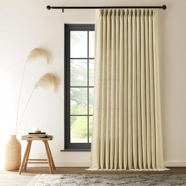 Imagem de Cortinas de linho plissadas extra largas de 250 cm de comprimento para porta de vidro deslizante, cortina cinza bege com filtragem de luz, cortinas plissadas semitransparentes texturizadas com ganchos