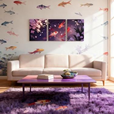 Imagem de Arte de parede Koi Fish em tela pinturas de carpas, decoração de parede, arte de parede emoldurada flor de cerejeira floral flores ukiyoe arte de parede para sala de estar, pinturas de arte em tela