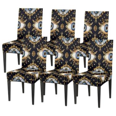 Imagem de hongjinglin Conjunto de 6 capas elásticas para cadeira de sala de jantar, capa protetora de assento de cadeira, engraçada, olho turco, retrô, removível, lavável, para cozinha, casa, hotel, banquete
