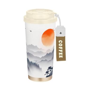 Imagem de SEHANY Caneca de viagem com paisagem de montanha em aquarela de 482 g, copos de café reutilizáveis revestidos de cerâmica com tampa à prova de vazamento, parede dupla, isolamento a vácuo, copo de café