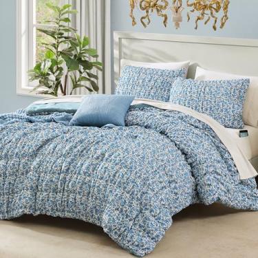 Imagem de BLOOMHAVEN Conjunto de edredom King - 7 peças de cama floral bufante clássico azul para todas as estações, cama de fazenda chique gasto em uma bolsa, edredom fofo, lençóis, fronhas e fronhas