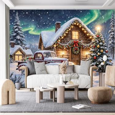 Imagem de Murais de parede de tamanho personalizado, cabana de madeira de inverno árvore de Natal Aurora Boreal tecido de parede autoadesivo (sem PVC) Papel de parede grande removível para sala de estar, quarto