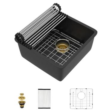 Imagem de Talllor Pia de barra de montagem inferior de 43 x 43 cm - tigela única de quartzo clássico composto de granito preto fosco sob a pia do balcão para trailer, bar molhado, cozinha pequena, casa móvel