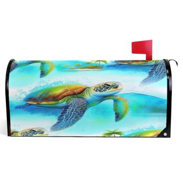 Imagem de TSENQUE Capas de caixa de correio de outono capa de caixa de correio de vinil sazonal magnética outono vintage tartaruga marinha azul decoração moderna caixa de correio tamanho padrão 52,6 x 45,8 cm