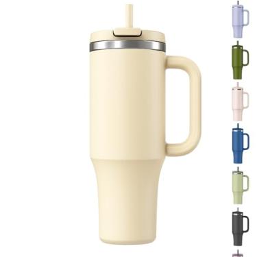 Imagem de Copo Térmico Com Canudo Dobrável 1,2 Litros Anti Vazamento, Frio 14 Horas Parede Duplas de Isolamento (Creme)