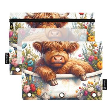 Imagem de GAIGEO Pasta de lápis Work com 3 anéis, bolsa para canetas, fichário com zíper, fichário escolar, bolsos transparentes, lindas flores de vaca das terras altas, 25 x 18 cm, 2 pacotes