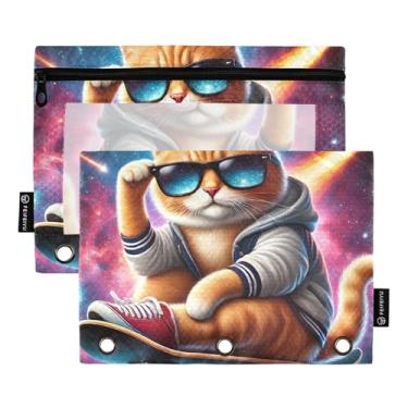 Imagem de Fichário decorativo com 3 anéis, bolsa para lápis, gatinho, skate, gato, caneta, fichário com zíper, fichário escolar, bolsos transparentes, 25 x 18 cm, 2 pacotes