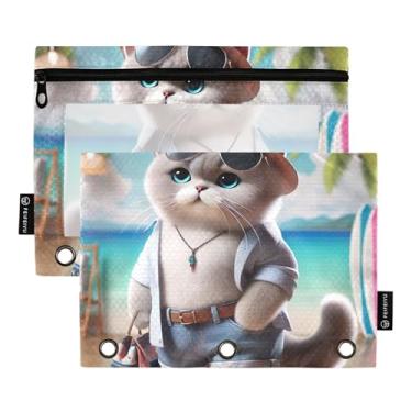 Imagem de GAIGEO Pasta de lápis com 3 anéis para meninos com zíper rosa fichários escolares bolsos transparentes gatinho engraçado britânico de pelo curto 25 cm x 18 cm, 2 pacotes