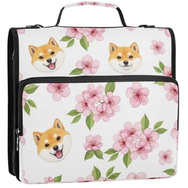 Imagem de Organizador de fichário com zíper com 3 argolas de 3,8 cm, anel alegre, rosa, flor de cerejeira, vários bolsos, pasta grande para fichários escolares com alça de ombro, 34,5 x 31,5 x 8,9 cm