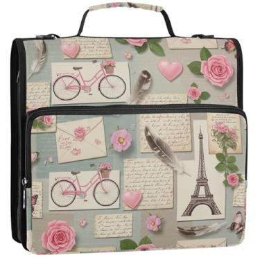 Imagem de Pasta organizadora de 3 anéis com 3 argolas de 3 anéis vintage Paris colagem com zíper, pasta de armazenamento com alça para fichário do ensino médio com alça, 34,5 x 31,5 x 9 cm