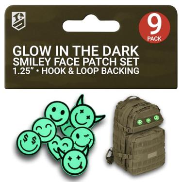Imagem de Bluyellow Conjunto de 9 peças de adesivos de rosto sorridente que brilha no escuro, remendos bordados de gancho e laço moral para jaquetas, mochilas, arnês de cachorro, colete tático, equipamento de