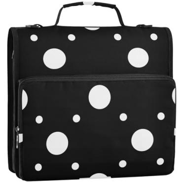 Imagem de Pastas de bolinhas brancas pretas de 3,8 cm com 3 anéis com zíper e alça bolsa escolar grande, vários bolsos, pasta grande, 34,5 x 31,5 x 9 cm
