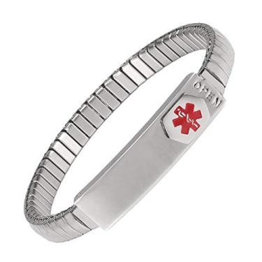 Imagem de Pulseira de alerta médico para homens e mulheres, pulseira de identificação elástica de aço inoxidável personalizada (coloque os detalhes na seção de elevação, cartão médico personalizado + livre de tiras) (prata feminina, 17,0 centímetros)